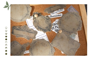 Macro view of vintage kraft paper frame stickers with classic European floral patterns