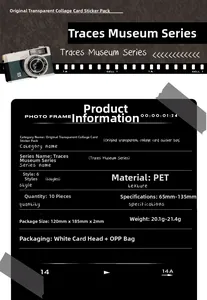 Specifiche dettagliate degli adesivi vintage in PET con dimensioni e informazioni materiali