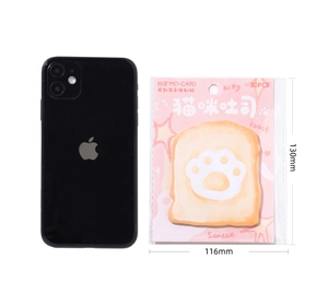 Cat paw toast sticky notes detail with mobile phone for scale and dimension markers