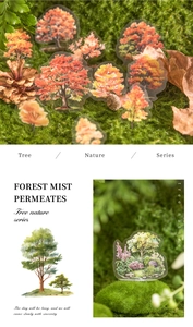 Detailed view of forest-themed PET stickers with watercolor trees for scrapbooking