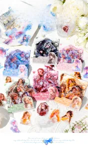 Detail of fantasy goddess PET stickers with laser gold foil for DIY scrapbooking