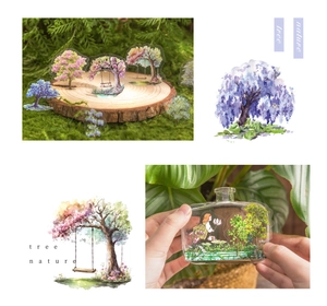 Detail showing watercolor tree stickers on a glass bottle and natural wood display