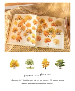 Detail of PET tree stickers with watercolor forest patterns for journaling and scrapbook