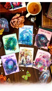 Detailed view of vintage stained glass flower stickers with holographic laser accents