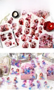 Artistic detail of Gothic and fairy female stickers with lace and vintage props