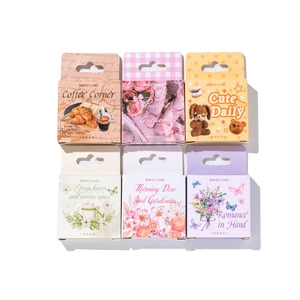 Assorted coffee and floral themed scrapbooking stickers in minimalist retail packaging