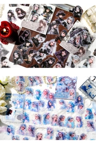 Detail of Gothic and dreamlike PET stickers featuring elegant girl portraits and lace