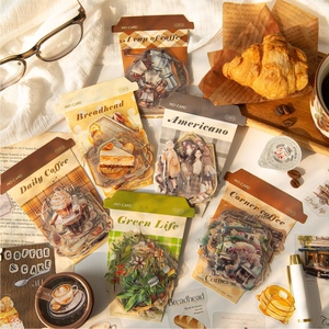 Vintage coffee themed PET sticker pack featuring 30 watercolor hand-drawn illustrations