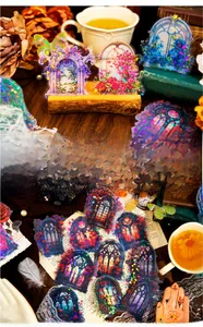 Detail of gothic stained glass stickers with iridescent laser finish and floral designs