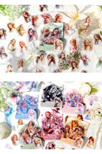 Close-up of PET stickers with goddess illustrations for DIY scrapbooking and crafts