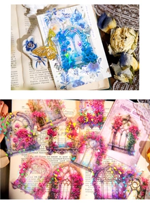 Detail of vintage flower window PET stickers with laser effect and floral motifs