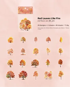 Detail view of 40-piece autumn forest PET stickers featuring maple and ginkgo tree designs