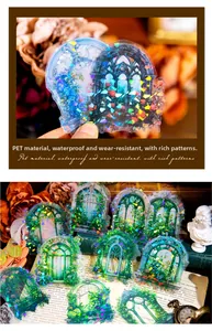 Macro detail of laser shimmering PET stickers with vintage gothic window and floral motifs