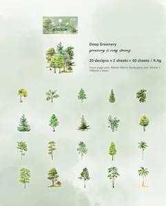 Detail of 40pcs waterproof PET forest stickers with 20 unique green tree illustrations