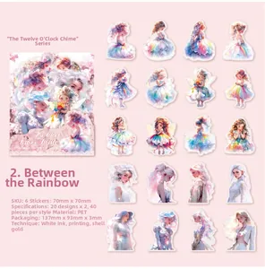 Detail of PET stickers featuring rainbow fantasy girls with shell gold foil finish