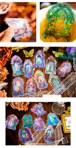 Macro detail of laser holographic floral window stickers with vintage PET material