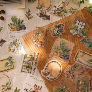 Retro coffee and botanical PET stickers for journaling with forest nature designs