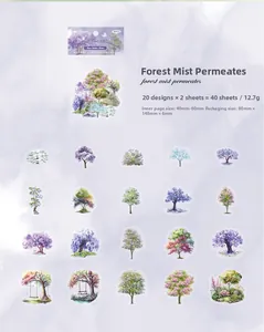 Detailed grid of 40 forest theme PET stickers featuring artistic trees and misty scenery