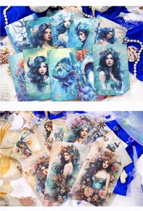 Detailed view of vintage mermaid and sea dream scrapbooking paper with pearls and shells