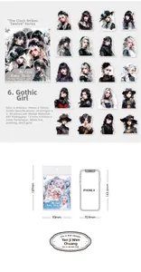 Macro detail of PET sticker set featuring shell gold printing and Gothic girl motifs