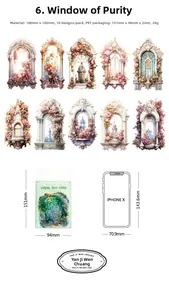 Macro detail of vintage window scrapbooking stickers showing PET texture and size reference