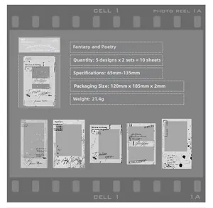 Dettaglio del set da 10 adesivi vintage tipo pellicola con 5 design monocromatici
