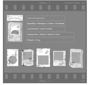Vista dettagliata di adesivi vintage con timbri postali per scrapbooking in stile film retrò