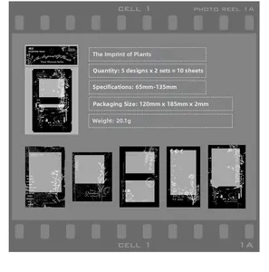Dettaglio degli adesivi PET stile film vintage con contorni di piante su sfondo nero