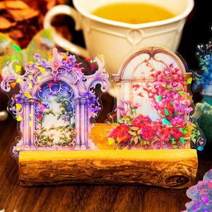 Laser PET floral window stickers for DIY journals with colorful rainbow textures