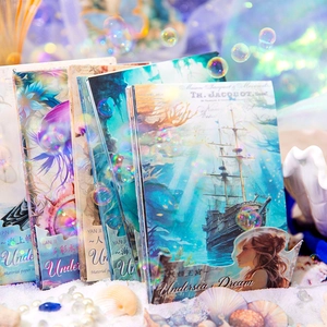 Vintage ocean theme scrapbook paper set with mermaid and sailing boat illustrations
