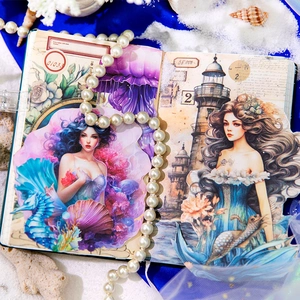 Vintage ocean-themed decorative stickers featuring mermaids and sea life for DIY scrapbooks