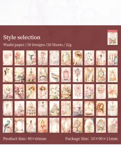 Dettaglio di 50 adesivi washi vintage con gatti, fiori e motivi di palazzi da sogno