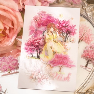 Anime girl PET sticker in cherry blossom forest, natural tree theme for journaling