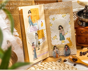 Autocollants vintage pour scrapbooking avec filles, chats et dentelle sur un carnet