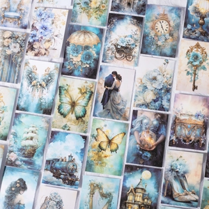 Vintage Morandi blue and gold aesthetic scrapbook stickers with butterfly and retro motifs