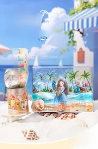 Detail of PET decorative tapes featuring seaside girl, palm trees and summer beach theme