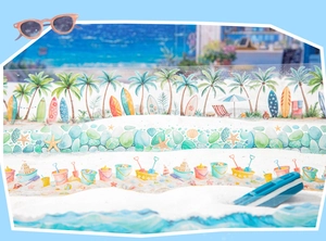 Detail of summer beach scenery washi tape with coconut trees and ocean waves design