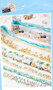 Macro shot of summer beach PET decorative tape with ocean and palm tree patterns