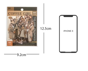 Détail des autocollants PET Coffee Girl avec dimensions et emballage illustré de 30 pièces
