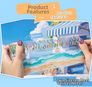 Detail of waterproof PET decorative tape with beach theme and seashell background