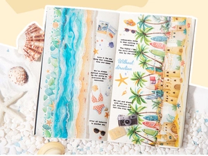 Close-up of summer beach theme decorative stickers with ocean elements and inspirational quotes
