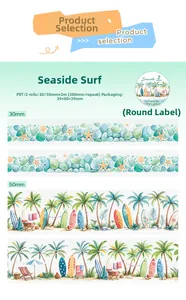 Detail of beach themed PET decorative tape with shells and tropical palm trees patterns