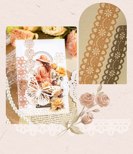 Detail of vintage lace paper with hollow butterfly and floral collage for DIY scrapbooking