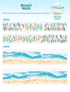Macro detail of beach-themed PET tape rolls showing flip-flops and ocean wave patterns