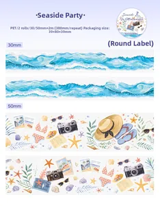 Detail of beach party theme PET decorative tapes with vintage camera and seashell patterns