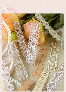 Detailed close-up of intricate lace paper strips with vintage floral hollow-out patterns