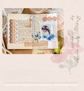 Close-up of vintage lace paper material with retro stickers and decorative elements