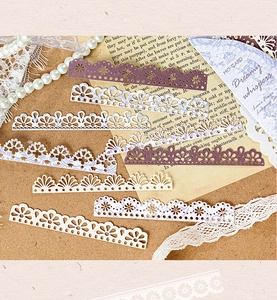 Close-up of vintage lace paper strips with hollow floral patterns for DIY scrapbooking