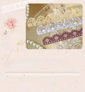 Macro detail of vintage hollow lace paper with heart and flower cutout patterns for DIY scrapbooking