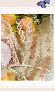Detailed view of vintage lace paper strips for DIY scrapbooking with floral cutouts